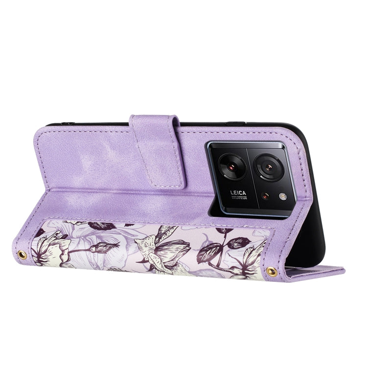 For Xiaomi 13T Floral Pattern Leather Phone Case with Lanyard
