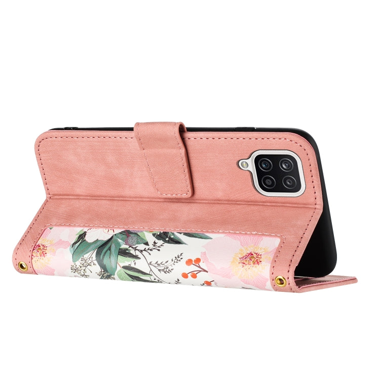 For Samsung Galaxy A12 5G Floral Pattern Leather Phone Case with Lanyard