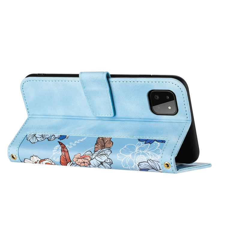 For Samsung Galaxy A22 5G Floral Pattern Leather Phone Case with Lanyard
