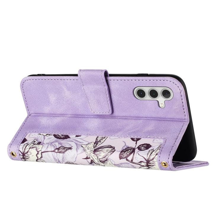 For Samsung Galaxy A54 5G Floral Pattern Leather Phone Case with Lanyard