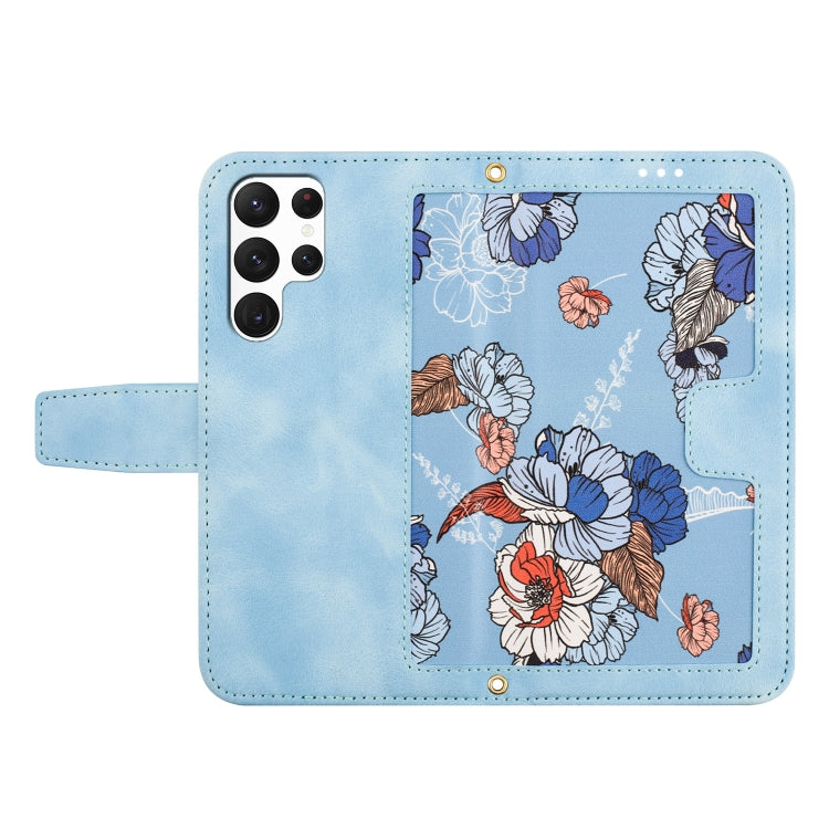 For Samsung Galaxy S23 Ultra 5G Floral Pattern Leather Phone Case with Lanyard