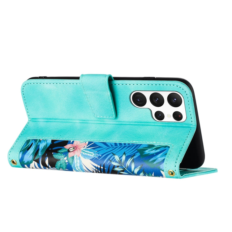 For Samsung Galaxy S23 Ultra 5G Floral Pattern Leather Phone Case with Lanyard