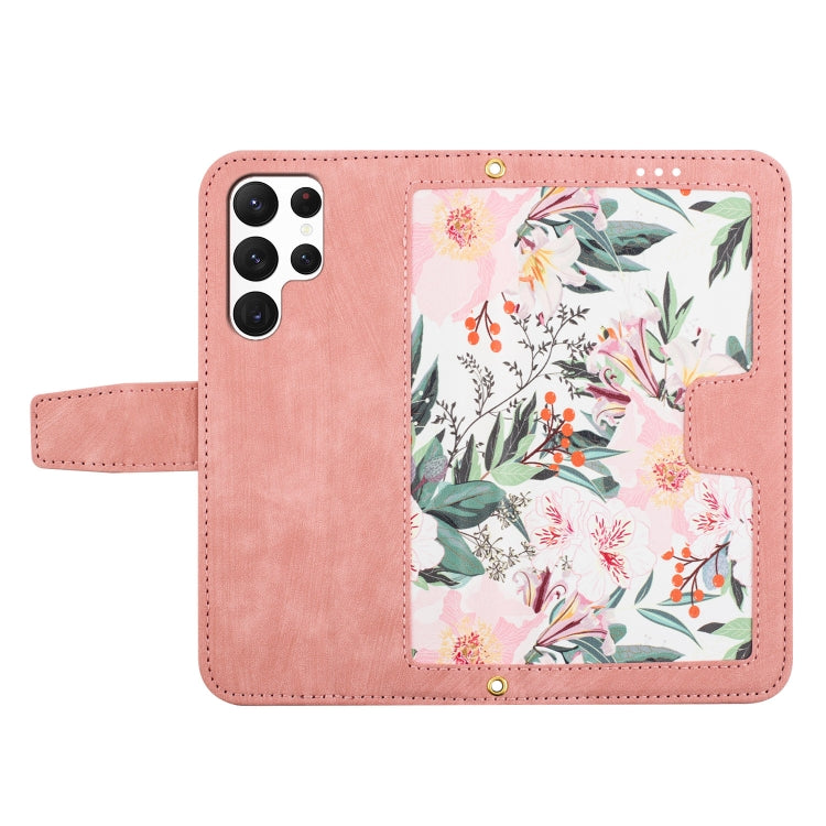 For Samsung Galaxy S23 Ultra 5G Floral Pattern Leather Phone Case with Lanyard
