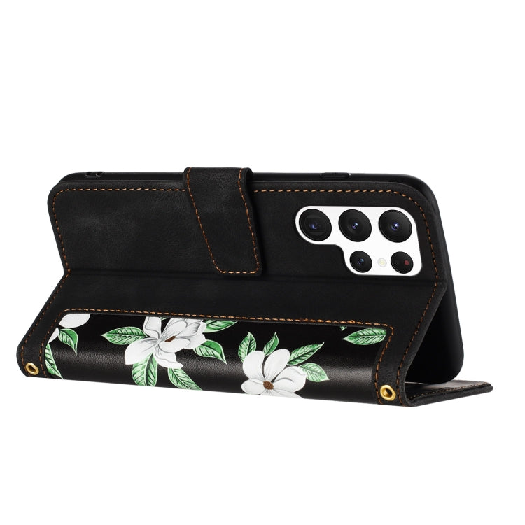For Samsung Galaxy S23 Ultra 5G Floral Pattern Leather Phone Case with Lanyard