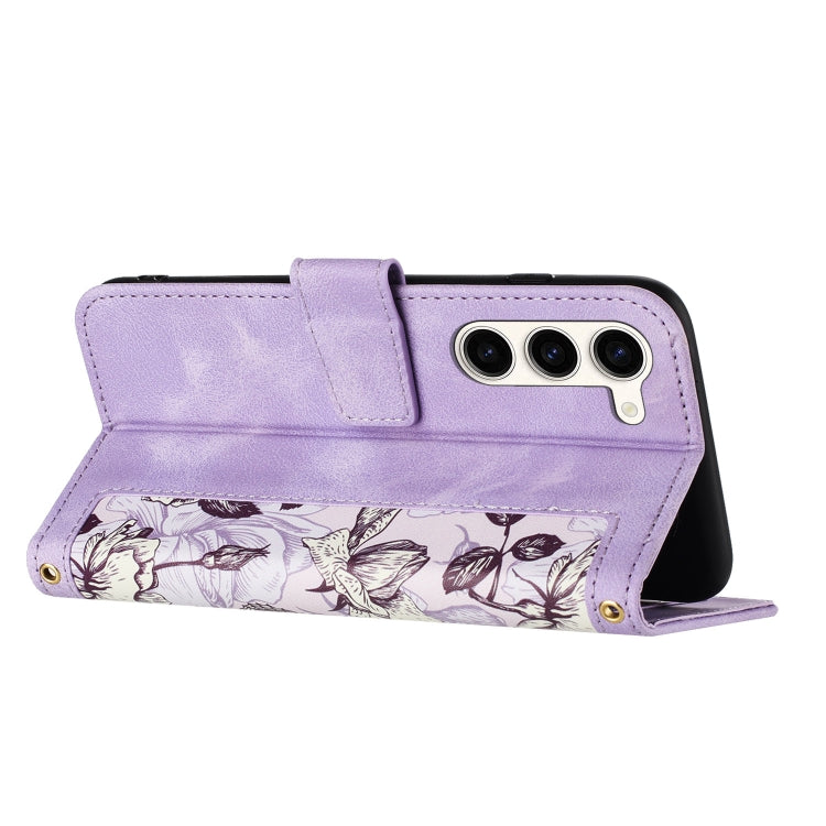 For Samsung Galaxy S23 5G Floral Pattern Leather Phone Case with Lanyard