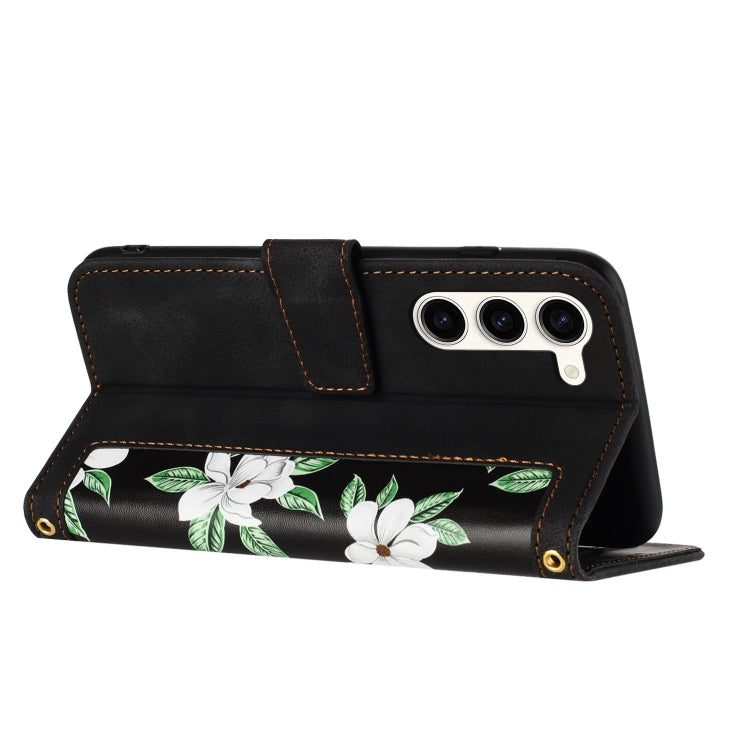 For Samsung Galaxy S23 5G Floral Pattern Leather Phone Case with Lanyard