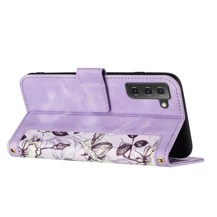 For Samsung Galaxy S22+ 5G Floral Pattern Leather Phone Case with Lanyard
