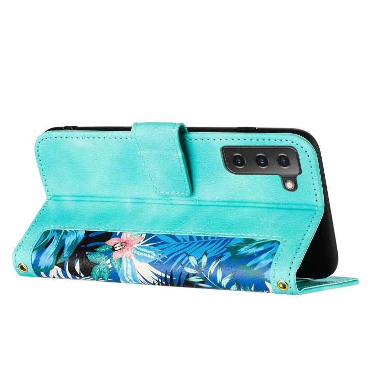 For Samsung Galaxy S21 5G Floral Pattern Leather Phone Case with Lanyard