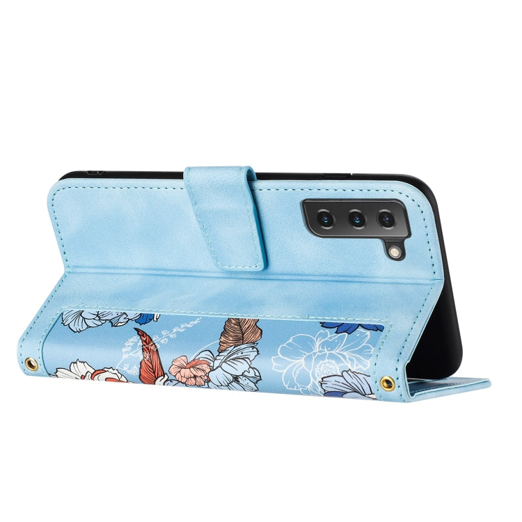 For Samsung Galaxy S21 FE 5G Floral Pattern Leather Phone Case with Lanyard