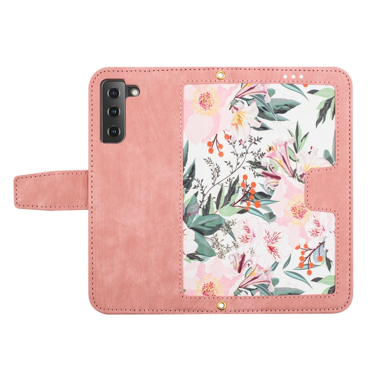 For Samsung Galaxy S21 FE 5G Floral Pattern Leather Phone Case with Lanyard