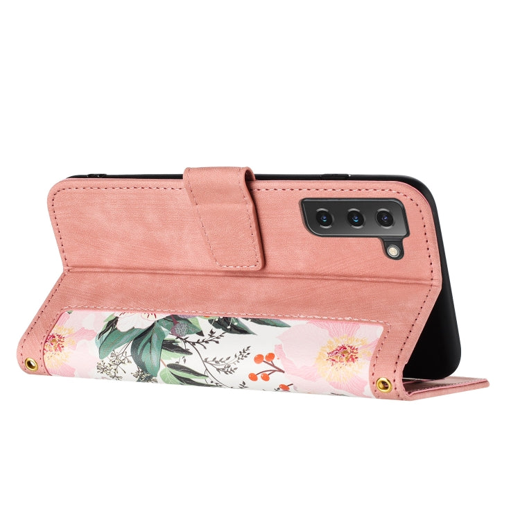 For Samsung Galaxy S21 FE 5G Floral Pattern Leather Phone Case with Lanyard