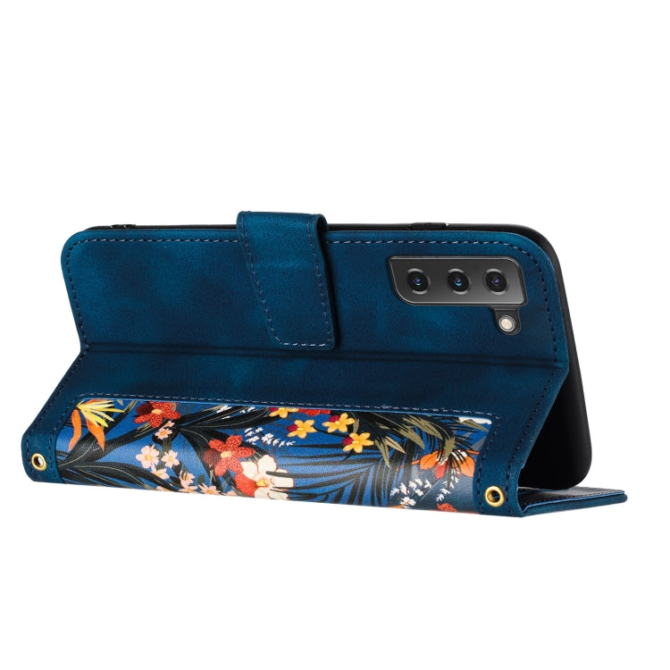 For Samsung Galaxy S21 FE 5G Floral Pattern Leather Phone Case with Lanyard
