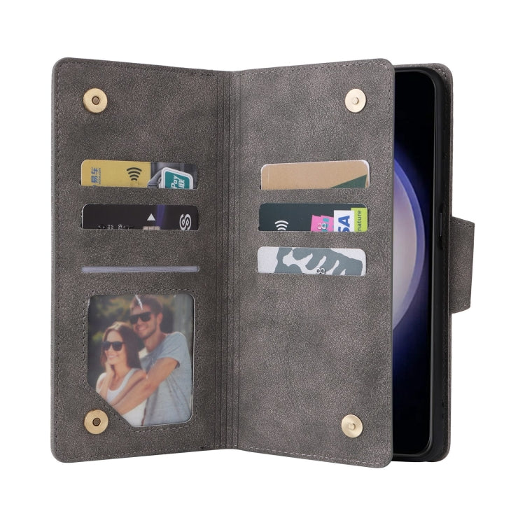 For Samsung Galaxy S25 5G Rivet Buckle 9 Cards Three Fold Leather Phone Case