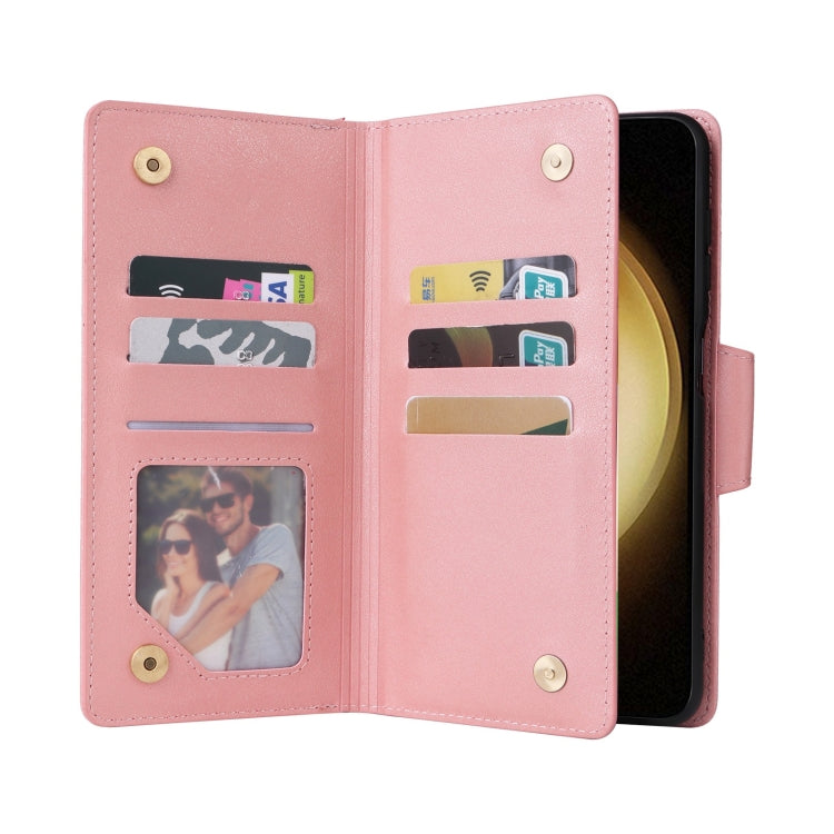 For Samsung Galaxy S25+ 5G Rivet Buckle 9 Cards Three Fold Leather Phone Case