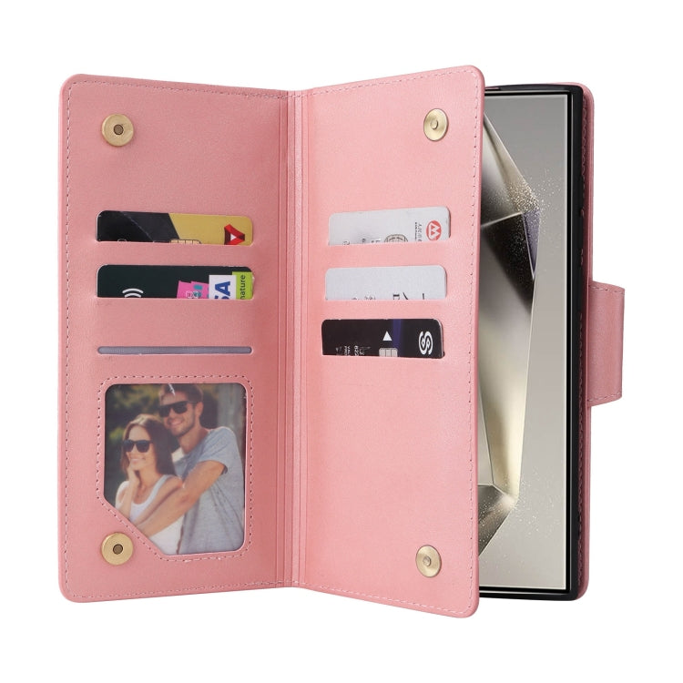 For Samsung Galaxy S25 Ultra 5G Rivet Buckle 9 Cards Three Fold Leather Phone Case