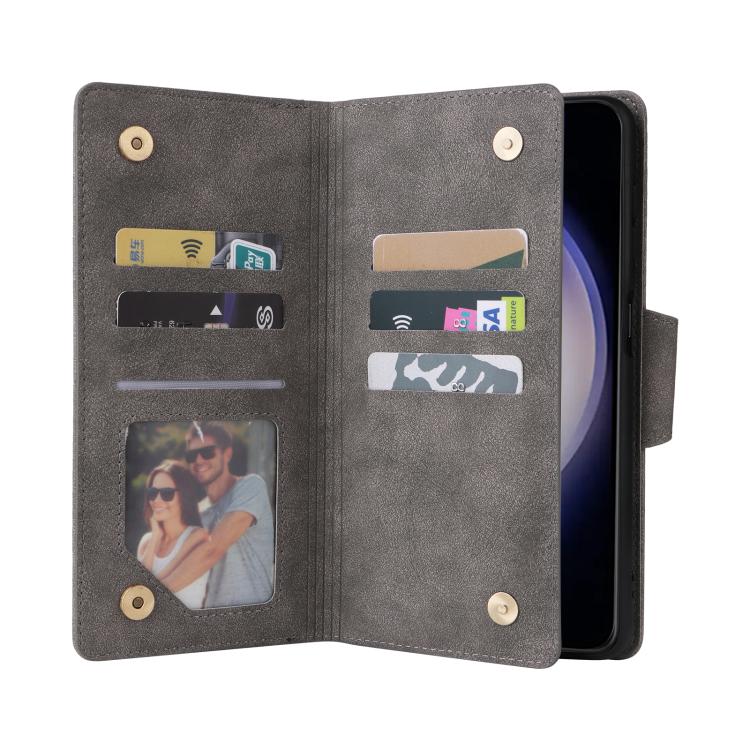 For Samsung Galaxy S26 5G Rivet Buckle 9 Cards Three Fold Leather Phone Case