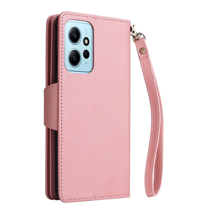 For Redmi Note 12 4G Rivet Buckle 9 Cards Three Fold Leather Phone Case