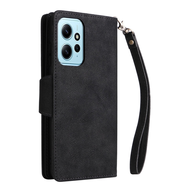 For Redmi Note 12 4G Rivet Buckle 9 Cards Three Fold Leather Phone Case