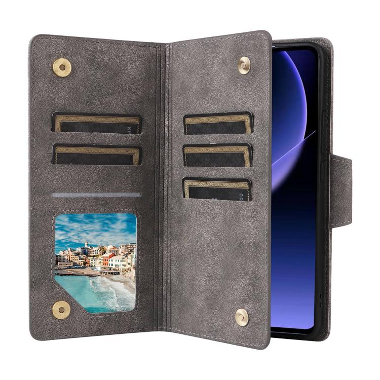 For Xiaomi 14T 5G Global Rivet Buckle 9 Cards Three Fold Leather Phone Case