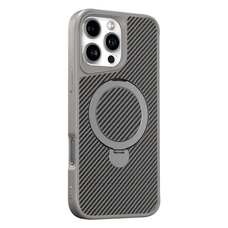 For iPhone 16 Pro Max Carbon Fiber Texture 360 MagSafe Holder Phone Case