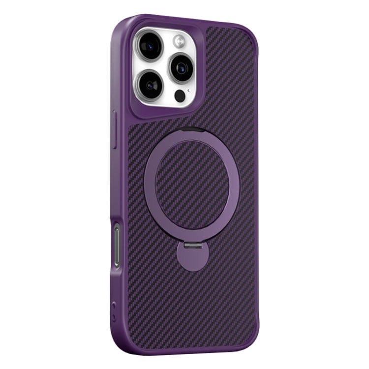 For iPhone 16 Pro Carbon Fiber Texture 360 MagSafe Holder Phone Case