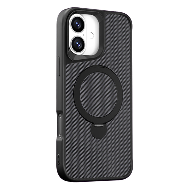 For iPhone 16 Carbon Fiber Texture 360 MagSafe Holder Phone Case