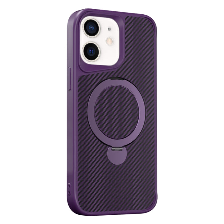 For iPhone 12 / 12 Pro Carbon Fiber Texture 360 MagSafe Holder Phone Case