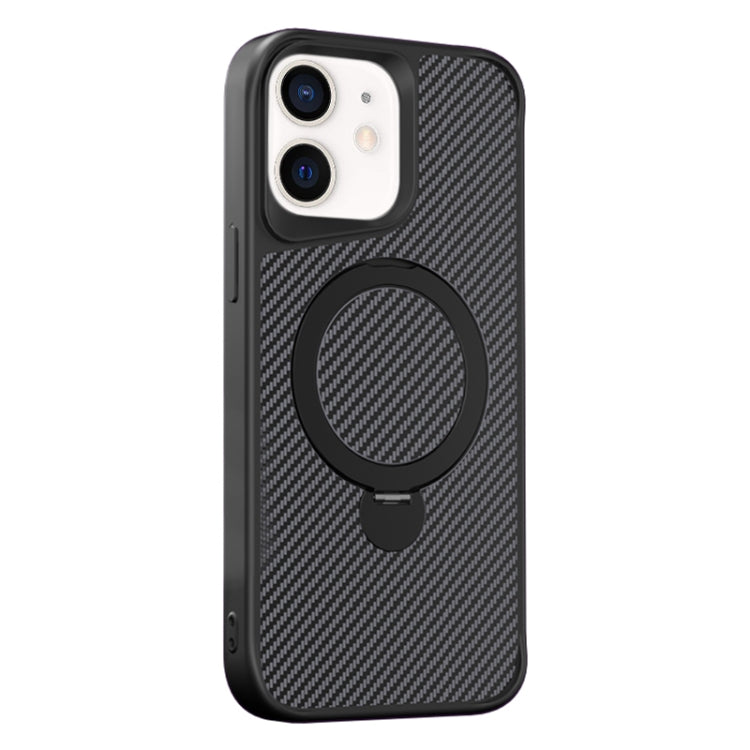 For iPhone 12 / 12 Pro Carbon Fiber Texture 360 MagSafe Holder Phone Case