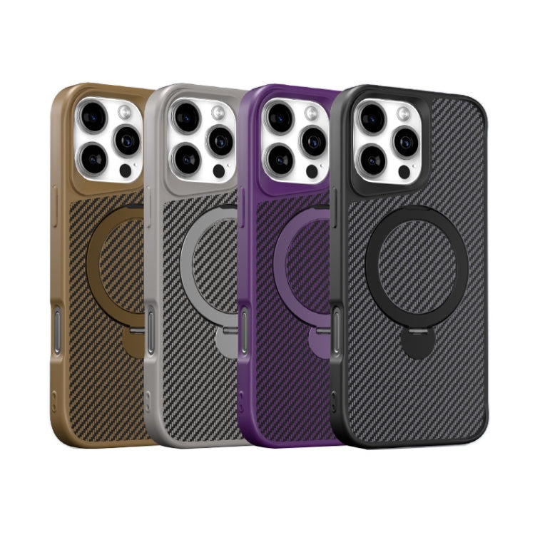 For iPhone 16 Pro Max Carbon Fiber Texture 360 MagSafe Holder Phone Case