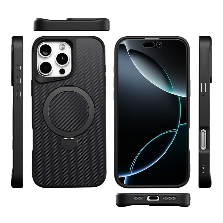 For iPhone 16 Carbon Fiber Texture 360 MagSafe Holder Phone Case