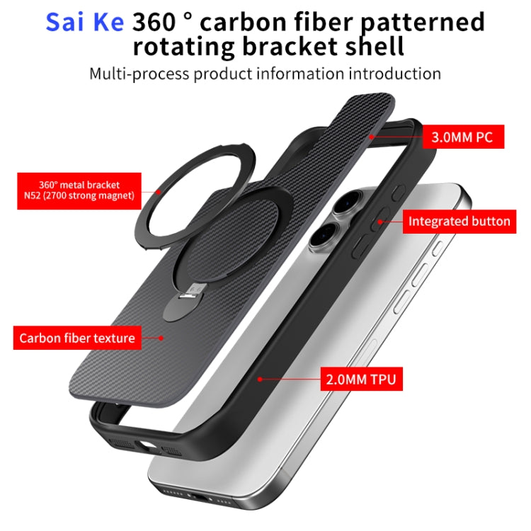 For iPhone 14 Pro Carbon Fiber Texture 360 MagSafe Holder Phone Case