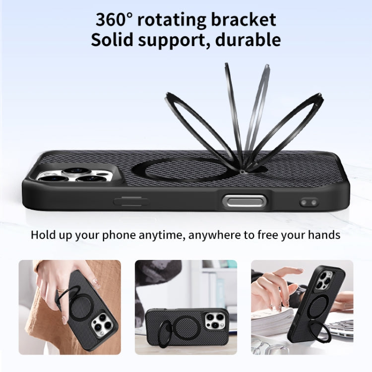 For iPhone 16 Pro Max Carbon Fiber Texture 360 MagSafe Holder Phone Case