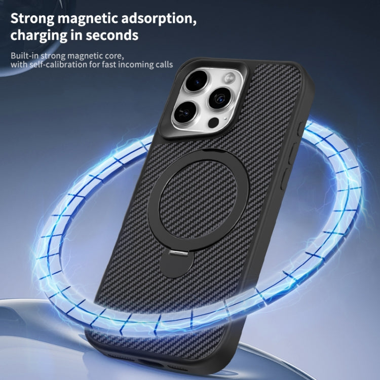 For iPhone 16 Plus Carbon Fiber Texture 360 MagSafe Holder Phone Case