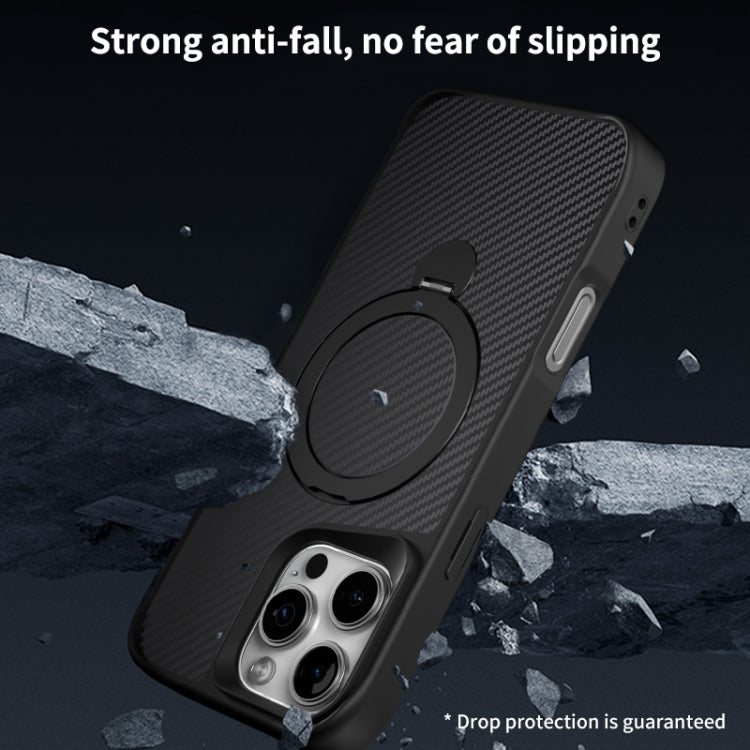 For iPhone 16 Pro Max Carbon Fiber Texture 360 MagSafe Holder Phone Case