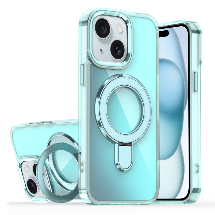 For iPhone 15 Plating Gradient Discolor MagSafe Holder Phone Case