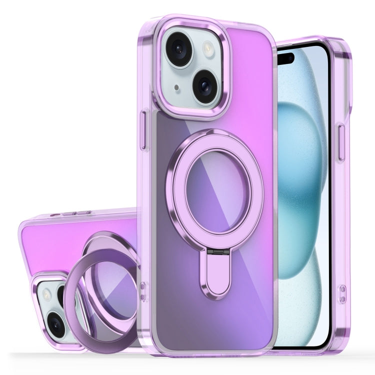 For iPhone 15 Plating Gradient Discolor MagSafe Holder Phone Case