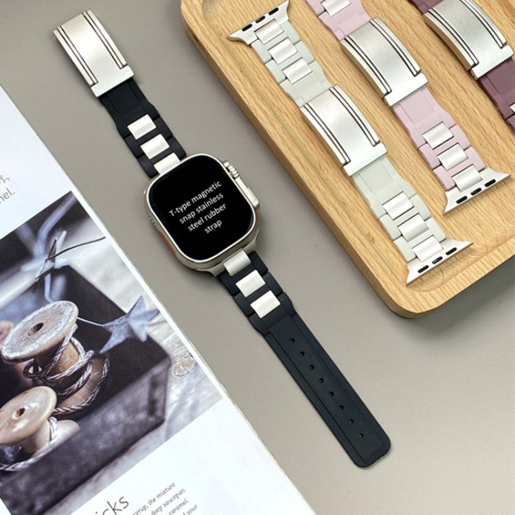 For Apple Watch 46mm / 49mm / 45mm / 44mm T-shaped Magnetic Buckle Stainless Steel Rubber Watch Band