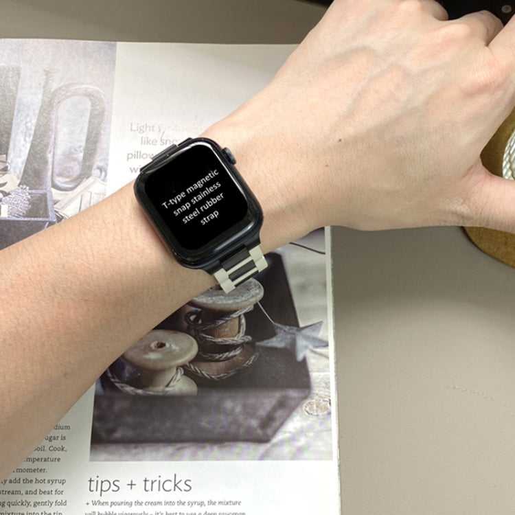 For Apple Watch 46mm / 49mm / 45mm / 44mm T-shaped Magnetic Buckle Stainless Steel Rubber Watch Band
