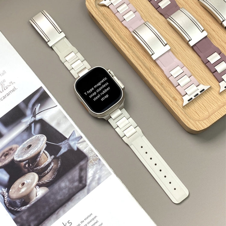 For Apple Watch 46mm / 49mm / 45mm / 44mm T-shaped Magnetic Buckle Stainless Steel Rubber Watch Band