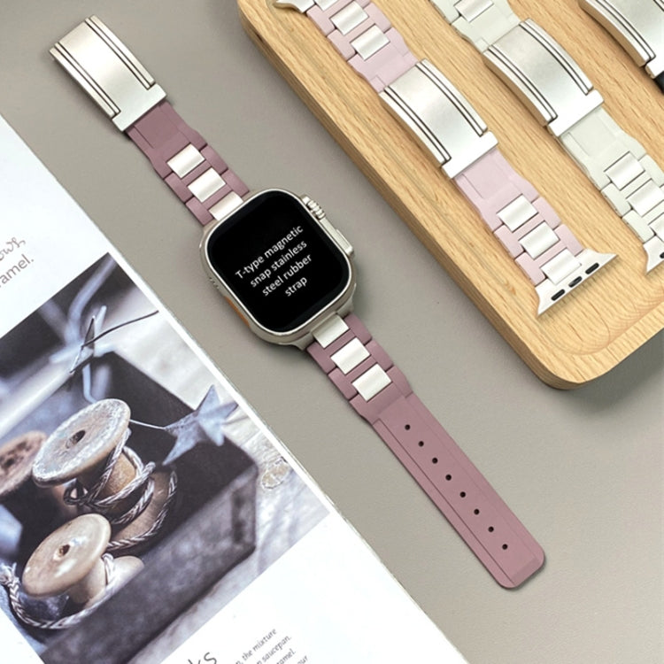 For Apple Watch 46mm / 49mm / 45mm / 44mm T-shaped Magnetic Buckle Stainless Steel Rubber Watch Band