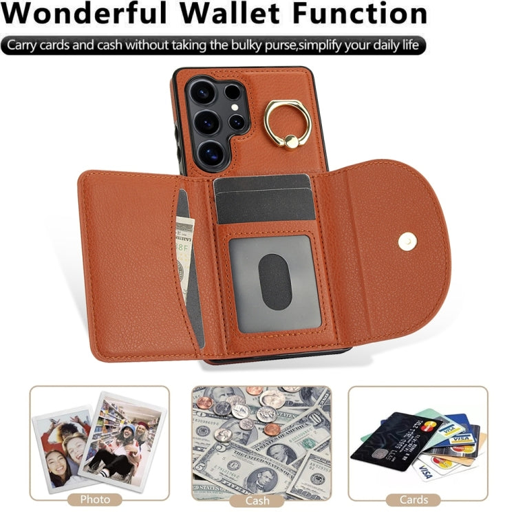 For Samsung Galaxy S25 Ultra 5G Ring Holder Card Bag Skin Feel Phone Case