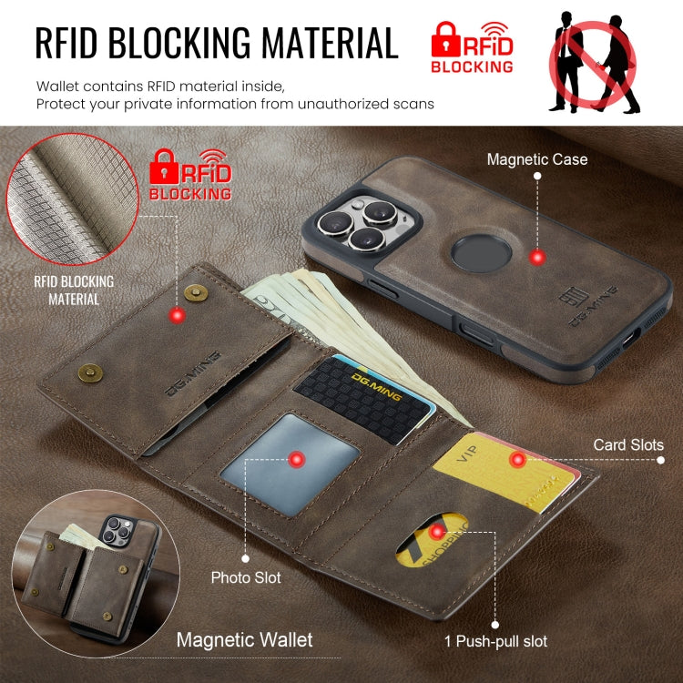 For iPhone 16 Pro Max DG.MING M6 Series RFID Tri-fold Card Bag Removable Leather Phone Case