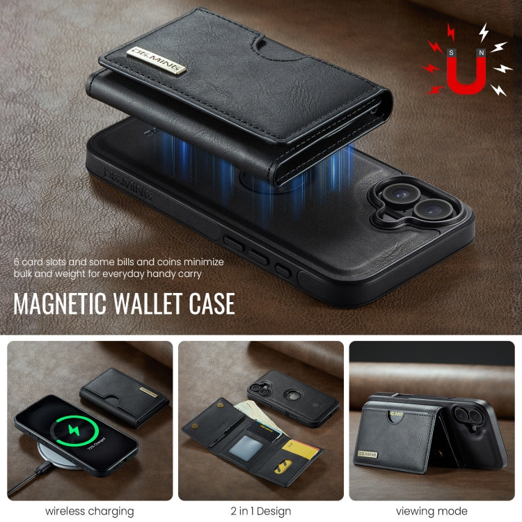For iPhone 16 DG.MING M6 Series RFID Tri-fold Card Bag Removable Leather Phone Case