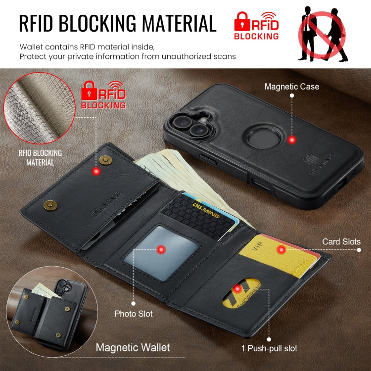 For iPhone 16 DG.MING M6 Series RFID Tri-fold Card Bag Removable Leather Phone Case