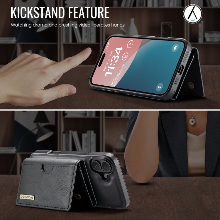 For iPhone 16 DG.MING M6 Series RFID Tri-fold Card Bag Removable Leather Phone Case