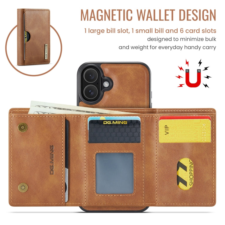 For iPhone 16 DG.MING M6 Series RFID Tri-fold Card Bag Removable Leather Phone Case