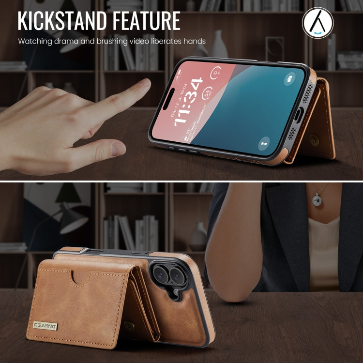 For iPhone 16 DG.MING M6 Series RFID Tri-fold Card Bag Removable Leather Phone Case