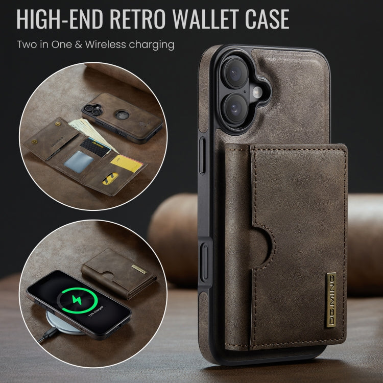 For iPhone 16 DG.MING M6 Series RFID Tri-fold Card Bag Removable Leather Phone Case
