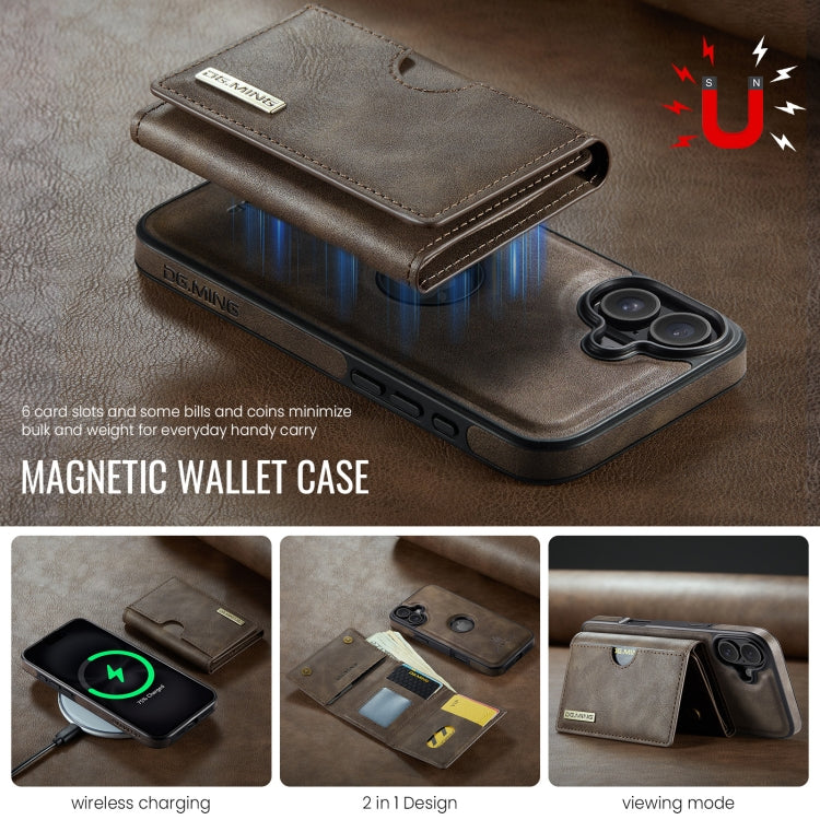 For iPhone 16 DG.MING M6 Series RFID Tri-fold Card Bag Removable Leather Phone Case
