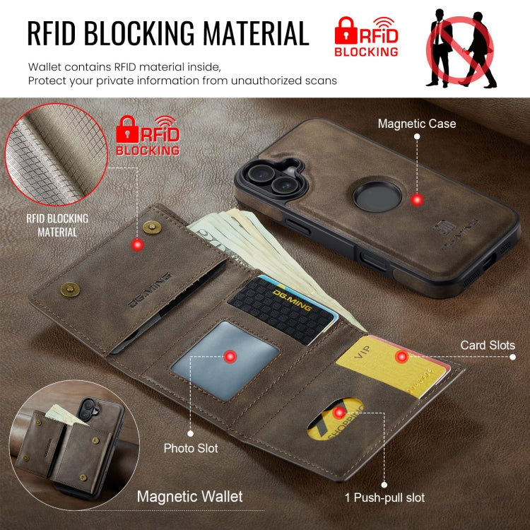 For iPhone 16 DG.MING M6 Series RFID Tri-fold Card Bag Removable Leather Phone Case